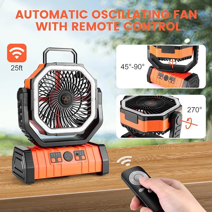 Odoland 30000mAh Camping Fan with LED Lantern, Rechargeable Battery Operated Oscillating with
