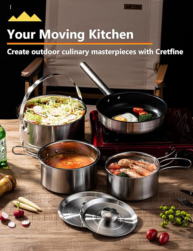 CampPro Camp Cooking Set for 4-8, Stainless Steel Camping Cookware Set, Camping Equipment with