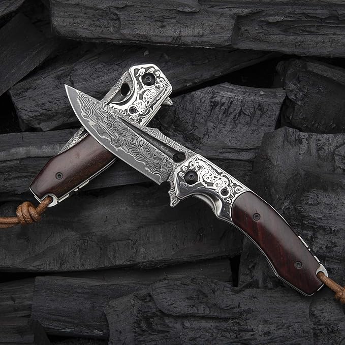 Handmade japanese vg10 damascus steel pocket knife,rosewood handle,sheath,liner lock,folding knives