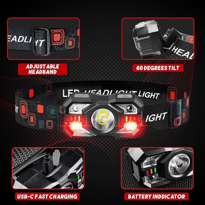 Headlamp Rechargeable 6Pack, 3000 Lumen Ultra-Light Bright Headlamp Flashlight with White Red