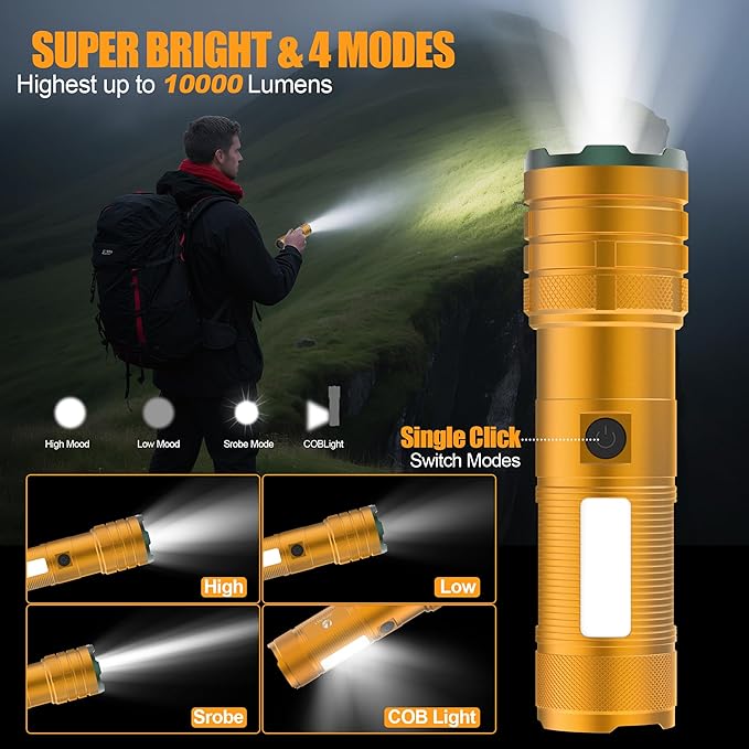 Rechargeable Flashlights High Lumens 10000 Long Lasting, 4 Modes with Side COB Light, Super Bright