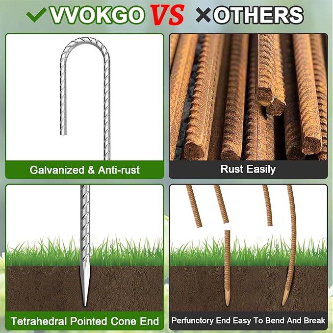 VVOKGO Rebar-Stakes-12-Inch J Hook Galvanized Tent Stakes Heavy Duty, 20-Pack Ground Chain Link