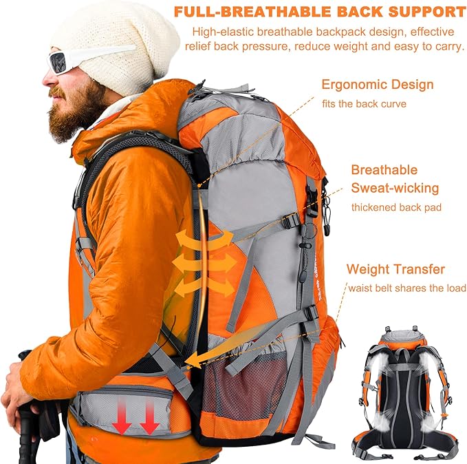 Loowoko 50L Hiking Backpack, Waterproof Camping Essentials Bag with Rain Cover, 45+5 Liter