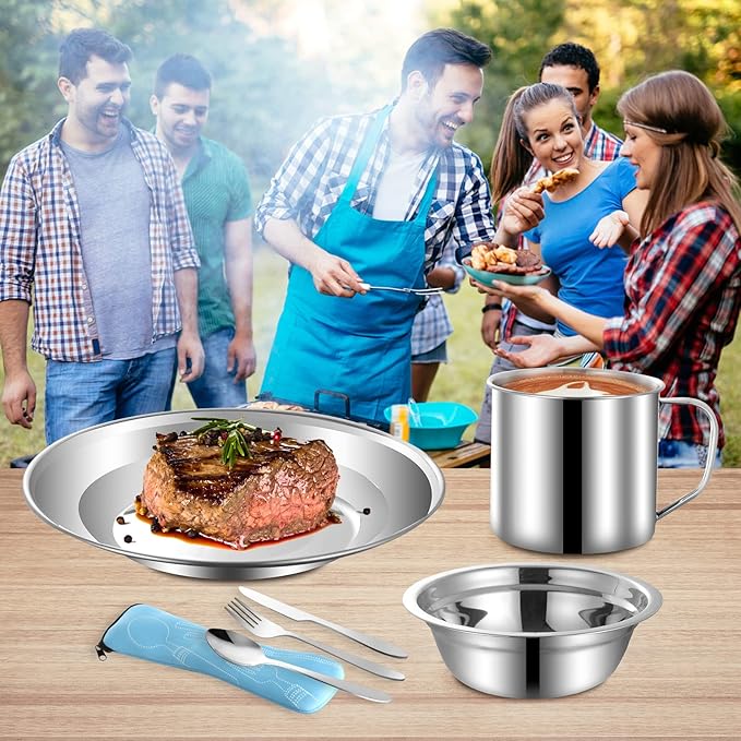 Camping Mess Kit Camping Dishes Set Stainless Steel Tableware Mess Kit Includes Plate Bowl Cup