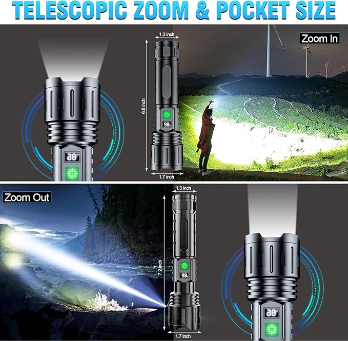 Flashlights 2000 High Lumens Rechargeable - 1500 Meters Long Beam Super Bright LED Flash Light with