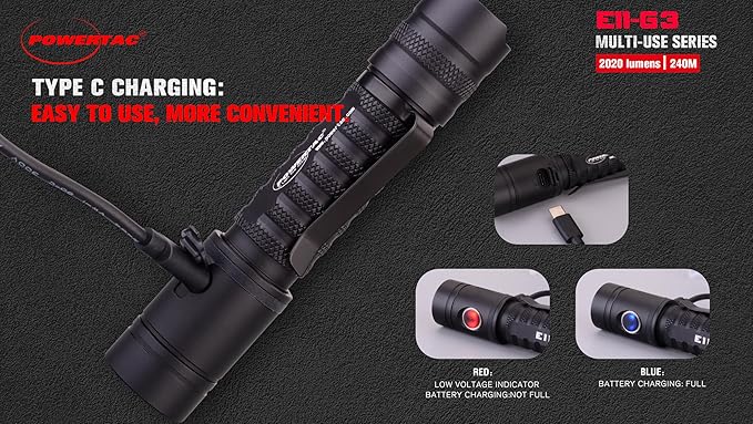 PowerTac E11-G3 2020 Lumen Rechargeable Flashlight, Type-C Charging, IPX8 Waterproof, 6 Modes