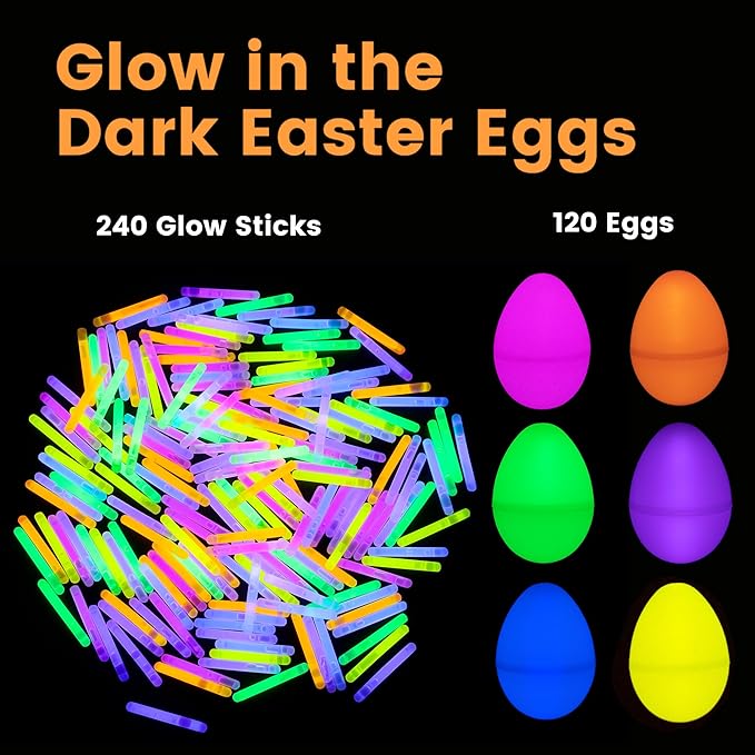 POPGIFTU 120 Easter Eggs with 240 Mini Glow Sticks, Glow-in-the-Dark Easter Eggs Bulk for Kids