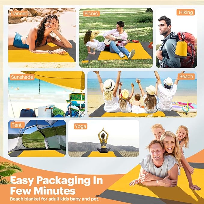 EASYFUN Beach Blanket Sandproof Oversized, 79''×83'' Extra Large Beach Mat, Portable Picnic Mat for