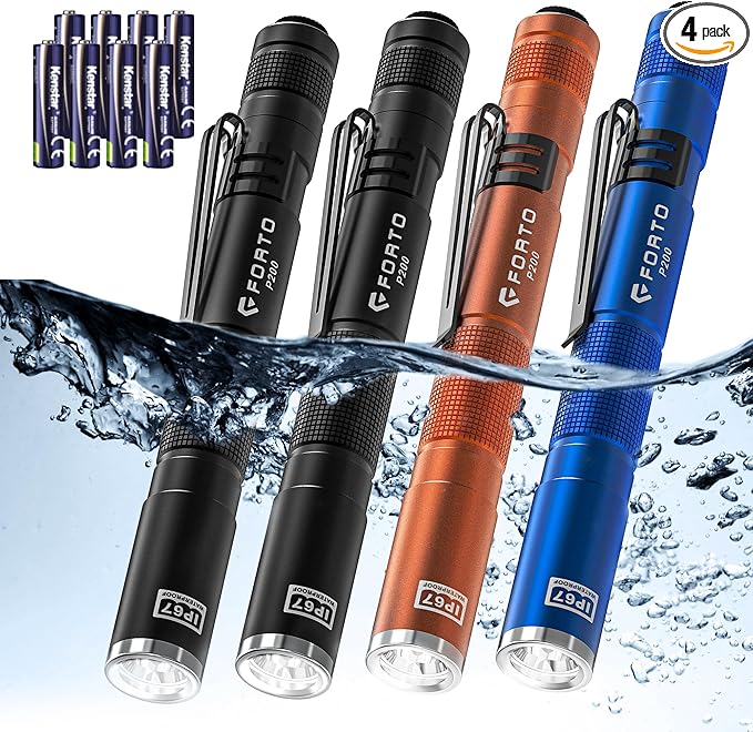 FORTO LED Pen Light, 200 Lumens Pocket Flashlight, IP67 Waterproof, 2 Modes, 2 Pack with AAA