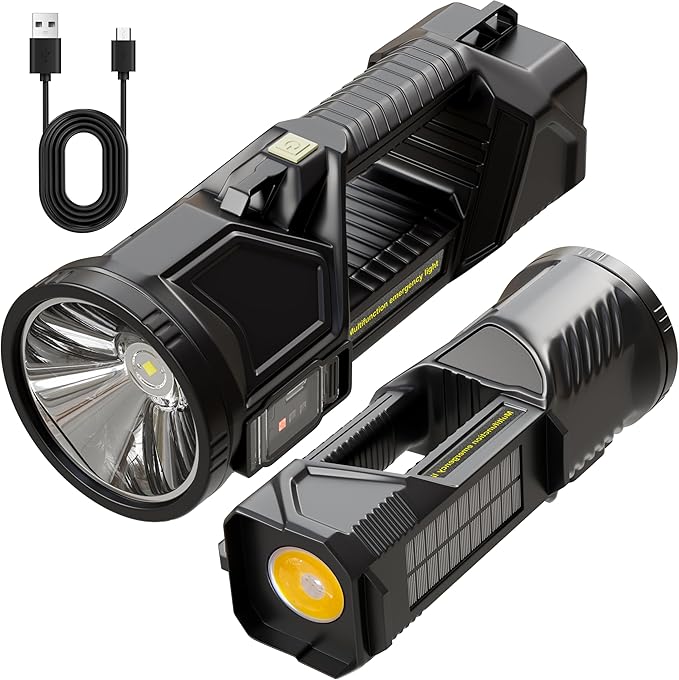 Solar Handheld Flashlight Rechargeable Multi Function High Bright 17000 Lumen 6 Modes LED