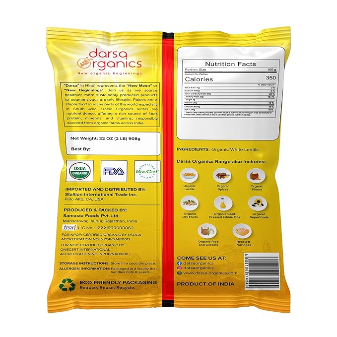 Darsa Organics Urad Dal Split Without Skin (Urad Mogar) 2lb ??USDA Organic White Matpe Split
