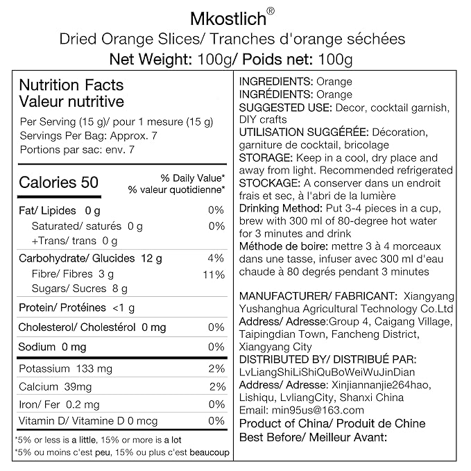 Mkostlich Dried Orange Slices, 3.52oz/100g Dehydrated Orange Slices, Natural Dried Oranges for