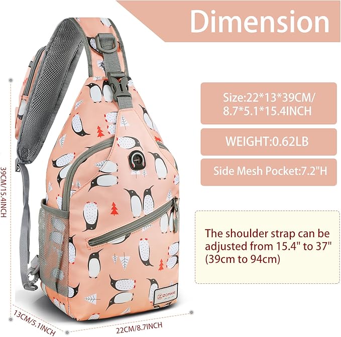 ZOMAKE Sling Bag, Penguin Pink, Nylon, 5 Separate Compartments, 10" iPad Compartment, Anti-Theft