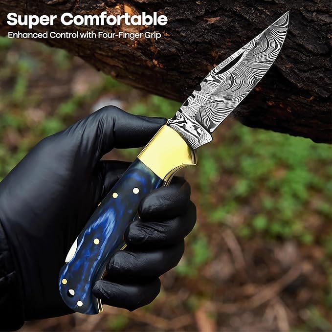 Handmade Damascus Pocket Knife for Men - 6.5 Inch Damascus Knife with Sheath - Damascus Folding