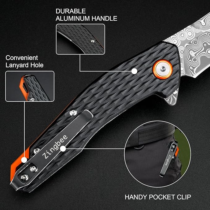 Damascus Folding Knife, 3.03" Damascus Steel Blade Pocket Knives with Clip, Black Aluminum Handles