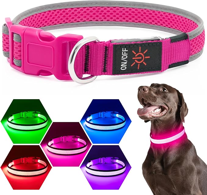 Flashseen LED Dog Collar, USB Rechargeable Light Up Dog Collar Lights, Adjustable Comfortable Soft