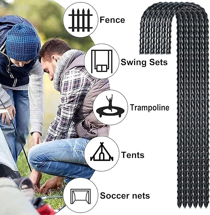 12 Inch Rebar Stakes Heavy Duty J Hook, Coated Steel Ground Stakes Tent Stakes Ground Anchors for