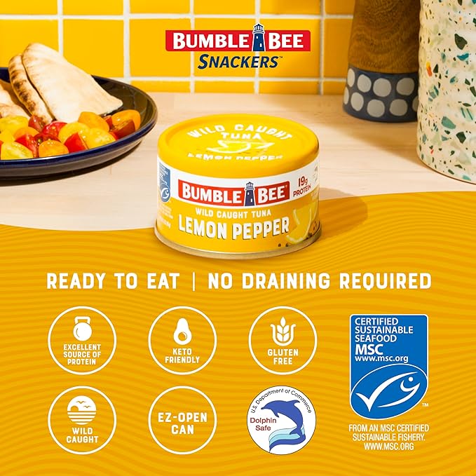 Bumble Bee Snackers - Lemon Pepper Tuna, 3 oz Easy Open Can - 19g Protein per Serving - Wild Caught