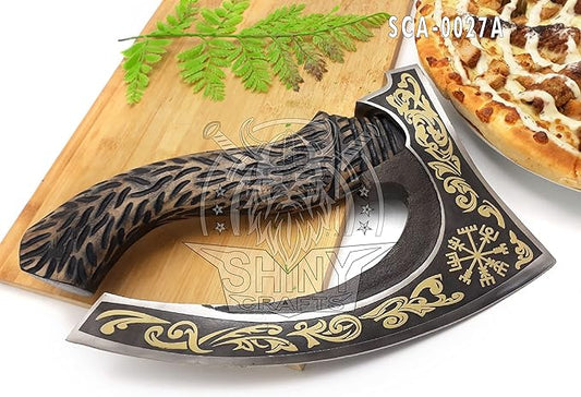 SHINY CRAFTS - Viking Pizza Axe with Golden Etching - Authentic Medieval Axe with Sheath (SCA-027-A)