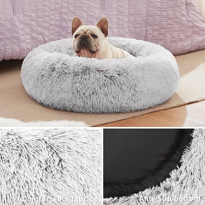 Love's cabin Calming Cat Bed for Indoor Cats,Anti-Anxiety Donut Round Dog Bed,Fluffy Faux Fur