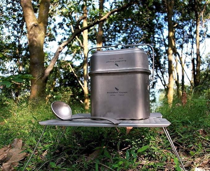 Boundless Voyage Titanium Mess Kit Hanging Pot Cup with Lid Folding Handles Outdoor Camping Cooking