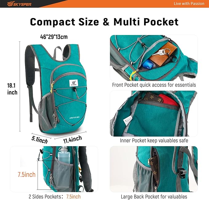 SKYSPER 15L/20L Foldable Hiking Backpack Lightweight Packable Travel Daypack with Chest Strap Small