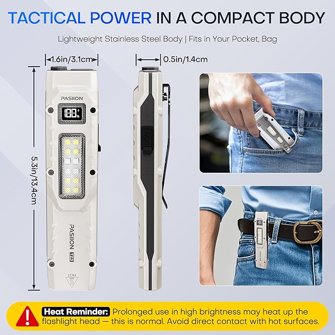 EDC Tactical Flashlight, Flat Flashlights Rechargeable,Dual-Switches LED Small Flashlight with
