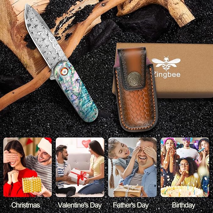Damascus Pocket Knife with Sheath 2.95" Damascus Steel Blade Folding Knife with Abalone Shell