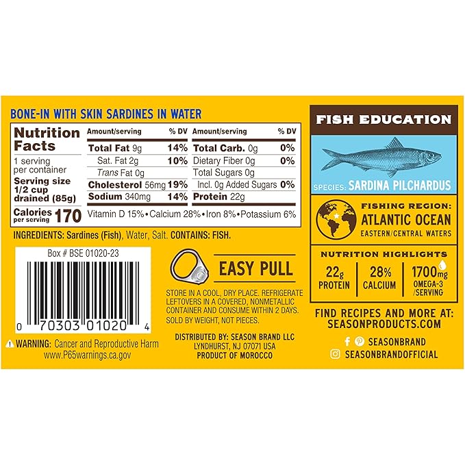 Season Sardines in Water - Wild Caught Fish, 22g of Protein, Keto Snacks, More Omega 3's Than Tuna