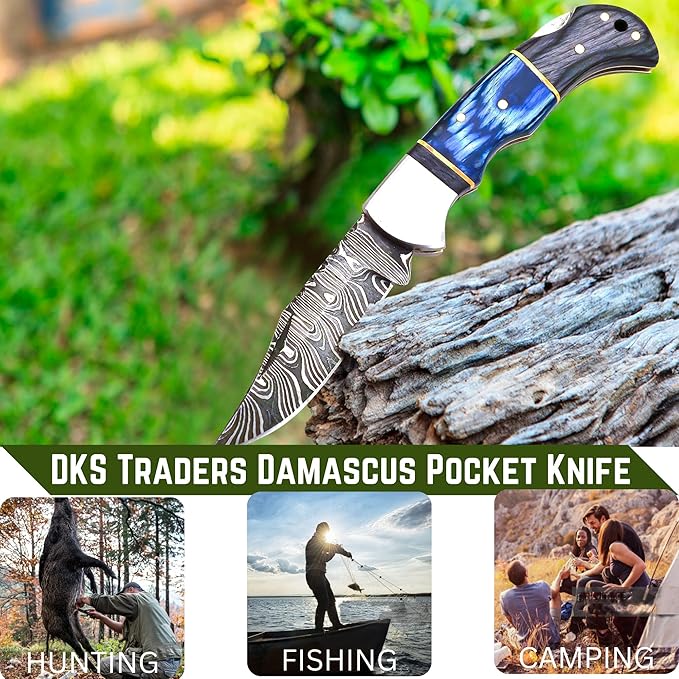 Handmade Damascus Pocket Knife for Men - 6.5 Inches Damascus Folding Pocket Knife with Clip Belt