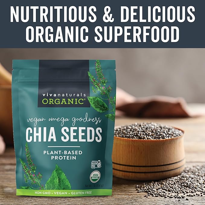 Viva Naturals Organic Chia Seeds, 1 lb (454 g) – Plant-Based Omega-3 and Vegan Protein, Gluten Free