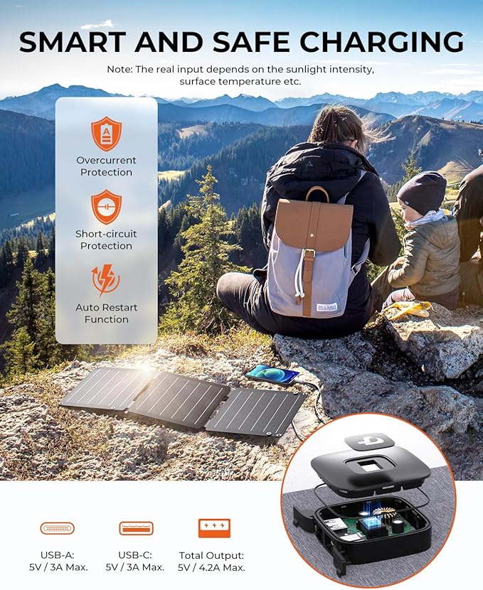 21W Solar Panel Charger BigBlue SolarPowa 20 Portable Solar Charger with USB-A/USB-C Ports, IP68