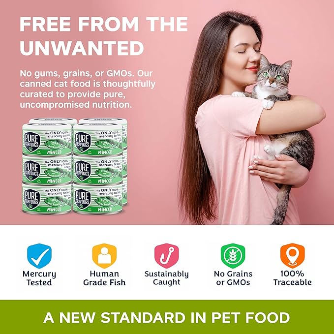 Pure Cravings Minced Tuna and Mackerel Wet Canned Cat Food, 100% Mercury-Tested Tuna, Moist Can