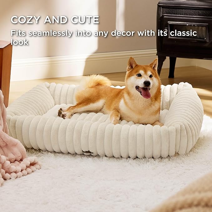 Bedsure Cute Dog Beds Large Sized Dog - Washable Furry Pet Beds, Rectangle Orthopedic Corduroy