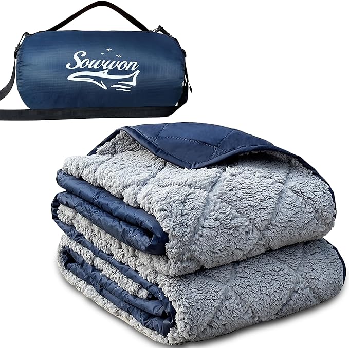 Waterproof Outdoor Blanket 82”X 55” Packable, Stadium Blankets for Camping with Sherpa Fleece