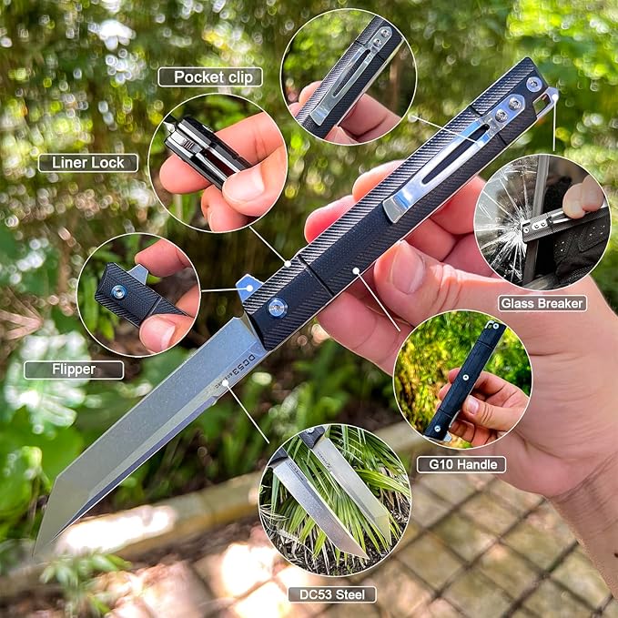 Flipper Pocket Folding Knife,DC53 Steel Blade and G10 Handle. With pocket clip and glass