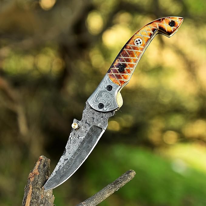 Handmade Damascus Folding Knife for Men with Burn Bone, 7.5 inch Pocket Knife with Sheath,Tactical