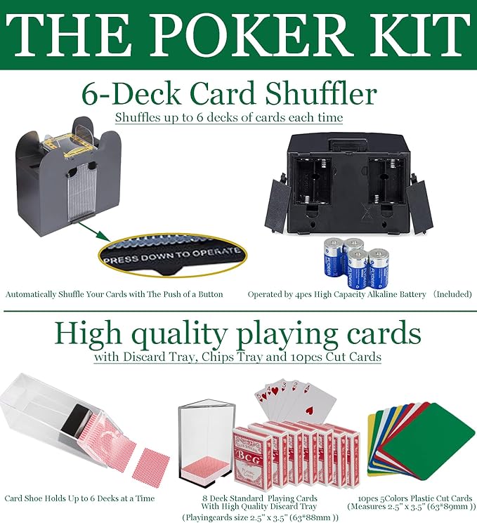 Super Casino Game Set: 6 Deck Shuffler+360pcs Chips+8 Poker Cards+Card Shoe+Chip