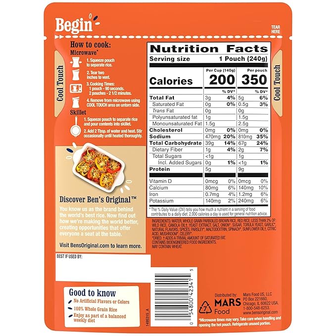 BEN'S ORIGINAL Ready Rice Whole Grain Medley Flavored Rice, Easy Dinner Side, 8.5 Oz Pouch (Pack of