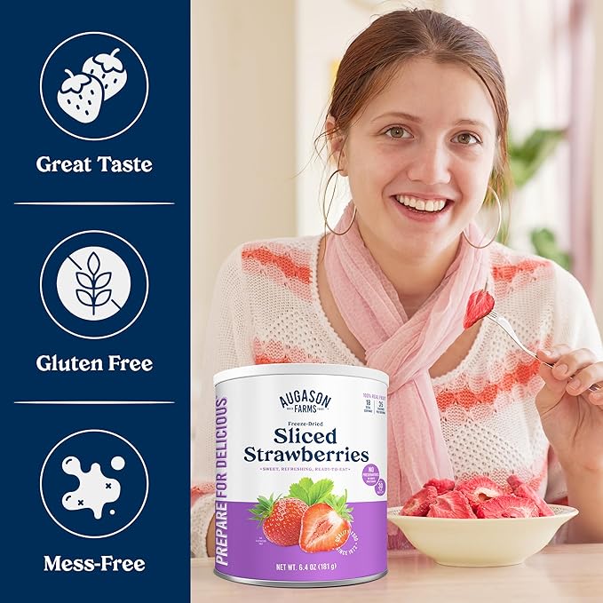 Augason Farms Freeze Dried Sliced Strawberries Can - Gluten Free Snack for Baking, Smoothies, and