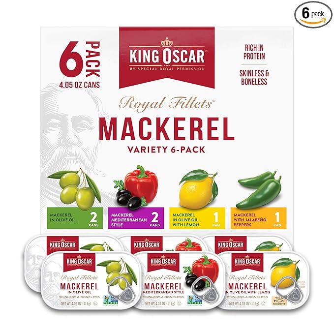 King Oscar Skinless & Boneless Mackerel Variety Pack, 4.05 Ounce Cans (Pack of 6), Skinless &