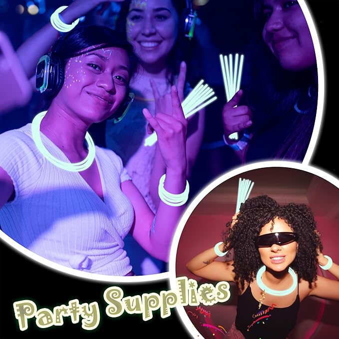100 pk 8" White Glow Sticks Bulk Party Favors, Light up Glow Necklaces & Bracelets in the Dark