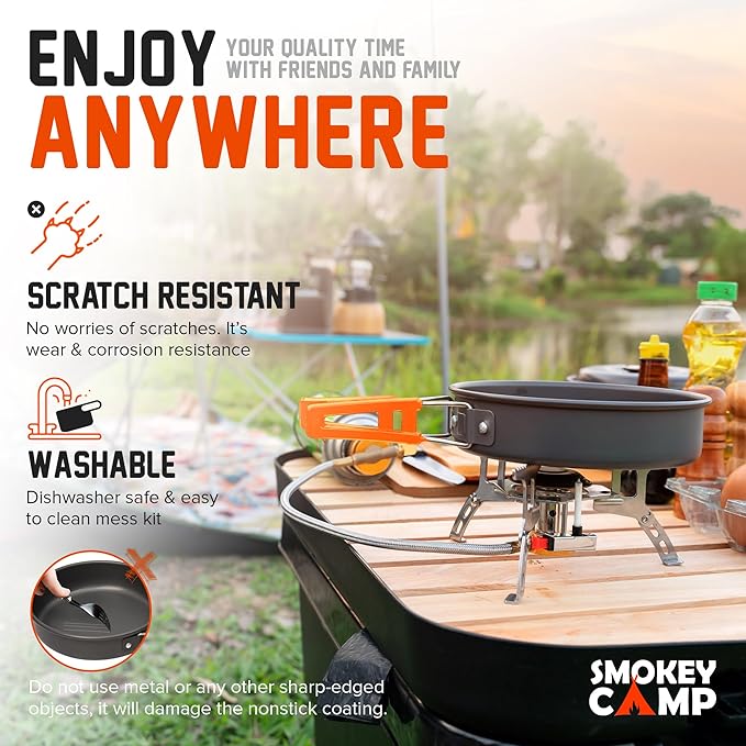 Camping Cookware Mess Kit Set with Stove - Backpacking Camping Pots and Pans Set, All in One