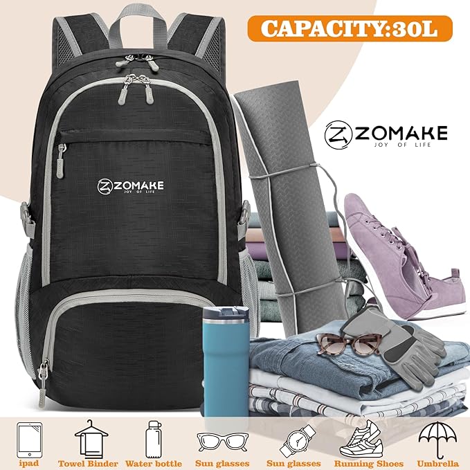 ZOMAKE Lightweight Packable Backpack 30L, Foldable Hiking Backpacks Water Resistant Compact Folding