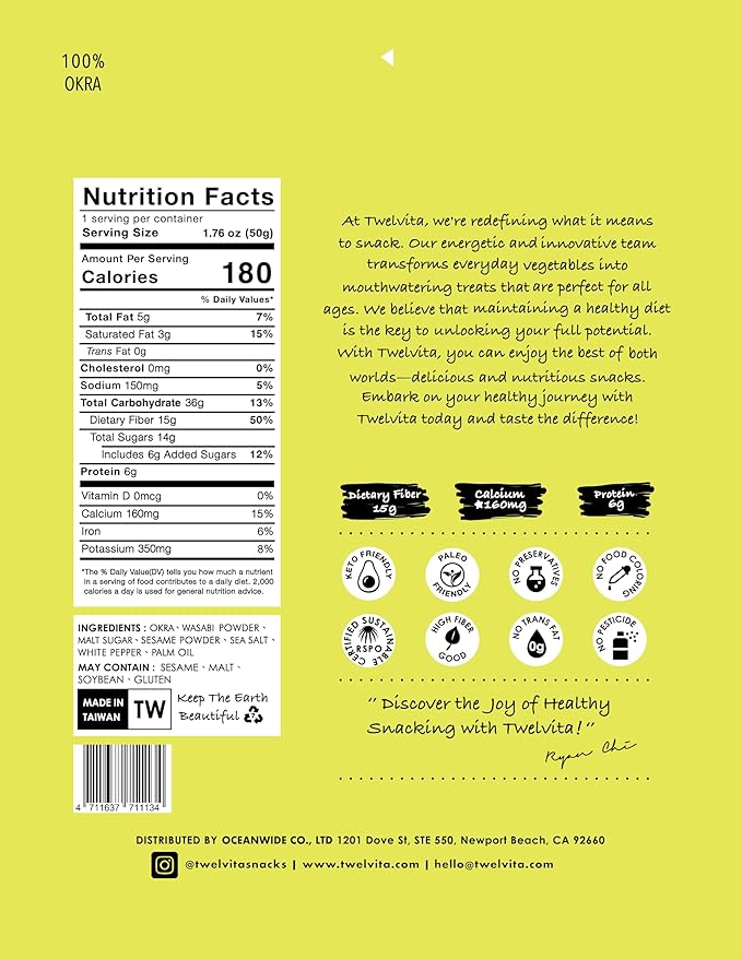 TwelVita Wholesome Baked Wasabi Okra Crisps, Vegan Snacks, Clean Label, Non-GMO, Gluten-Free, 1.76