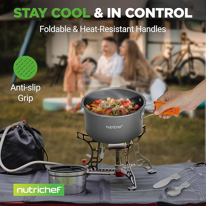 NutriChef Camping Cookware Set - Lightweight Nonstick Pots, Pans, Utensils, Bowls, Cutlery, and