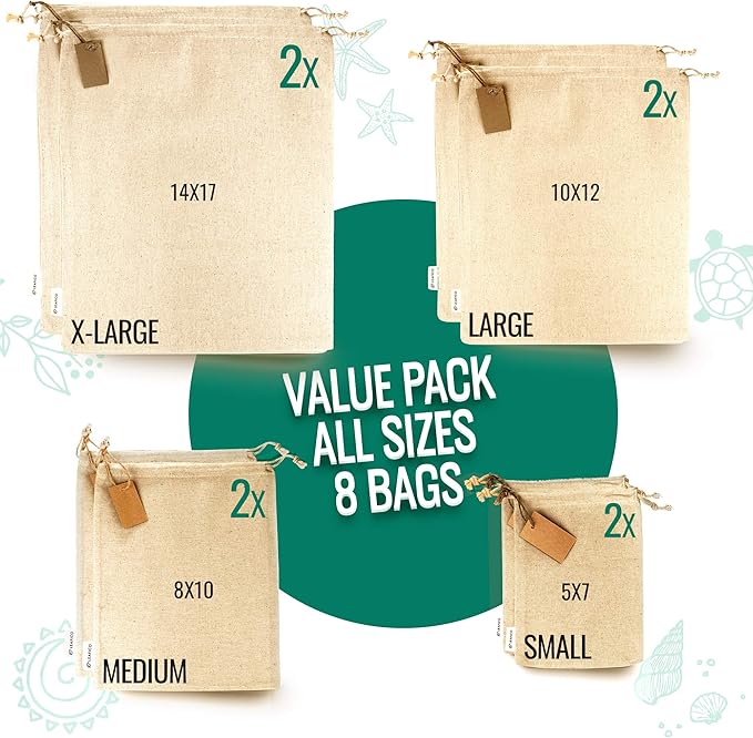 LEAFICO Muslin Cloth Bags with Drawstrings - Set of 8 (S, M, L, XL) - Reusable Natural Cotton Bags
