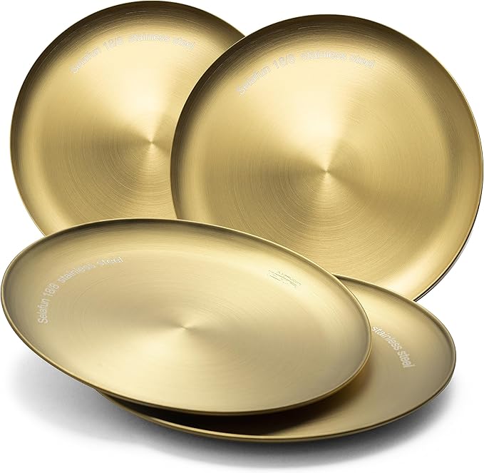 Stainless Steel Plates Metal 18/8 Round Dinner Plates - Set of 4 - Food-Grade Dishwasher Safe 9inch