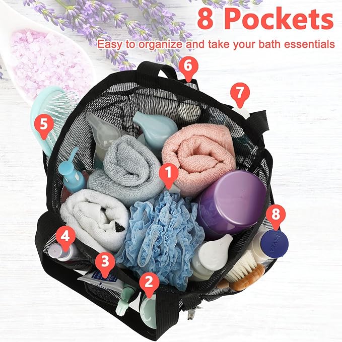 Mesh Shower Caddy Portable for College Dorm Room Essentials, 8-Pocket Large Shower Basket Tote Bag