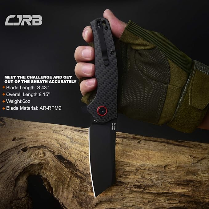 CJRB Crag Folding Pocket Knife, 3.43" AR-RPM9 Steel Blade Carbon Fiber Handle EDC Knife with Pocket